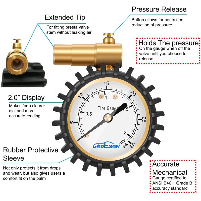 GODESON Presta Valve Pressure Gauge with Air Pressure Relief for Mountain Bicycle Fat Tires,Low Pressure Range to 30 PSI/2BARâ€¦ - Image 2